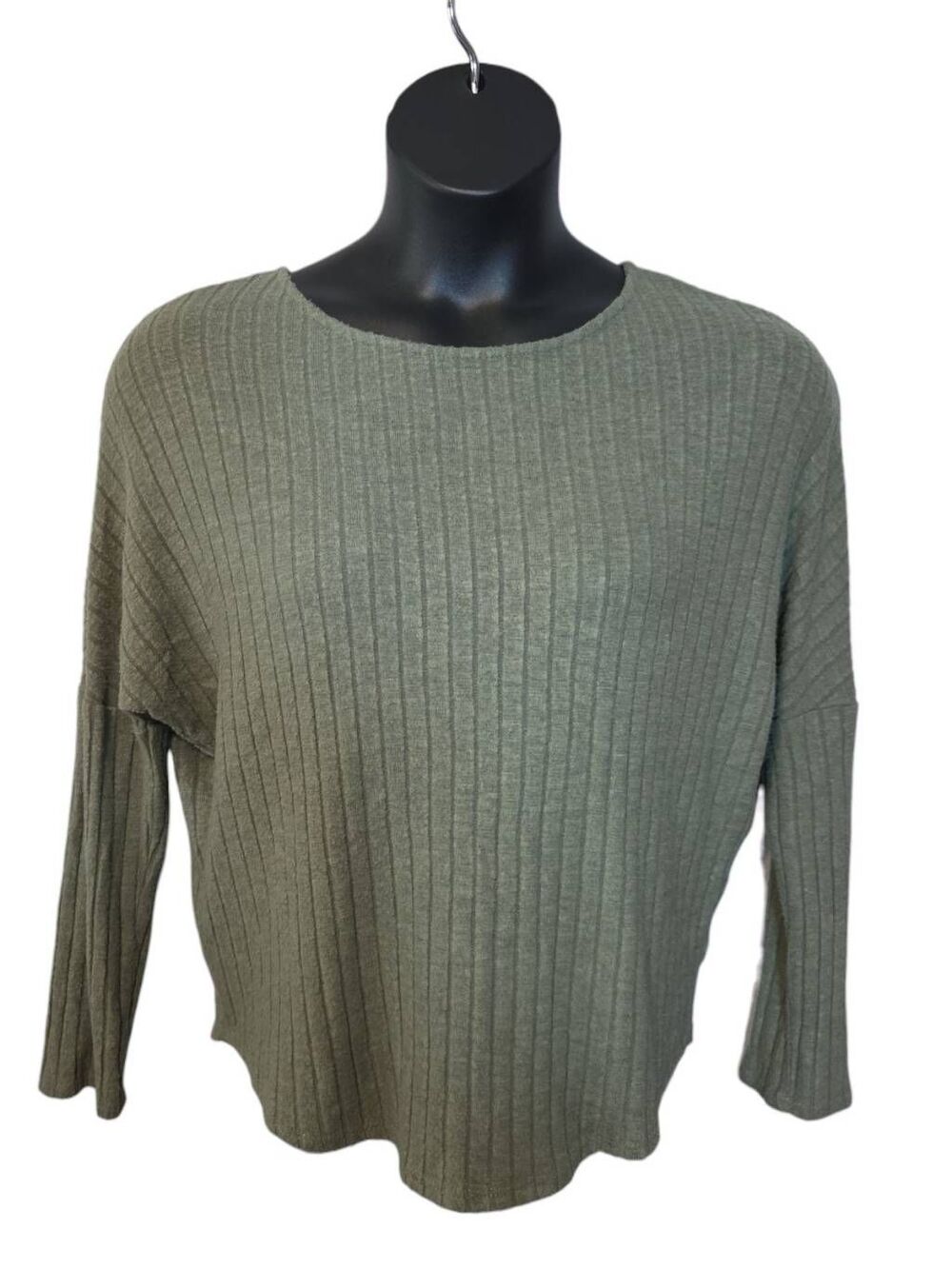 Green Envelope Olive Sage Ribbed Knit Drop Shoulder Top Exposed Back Zipper Medi